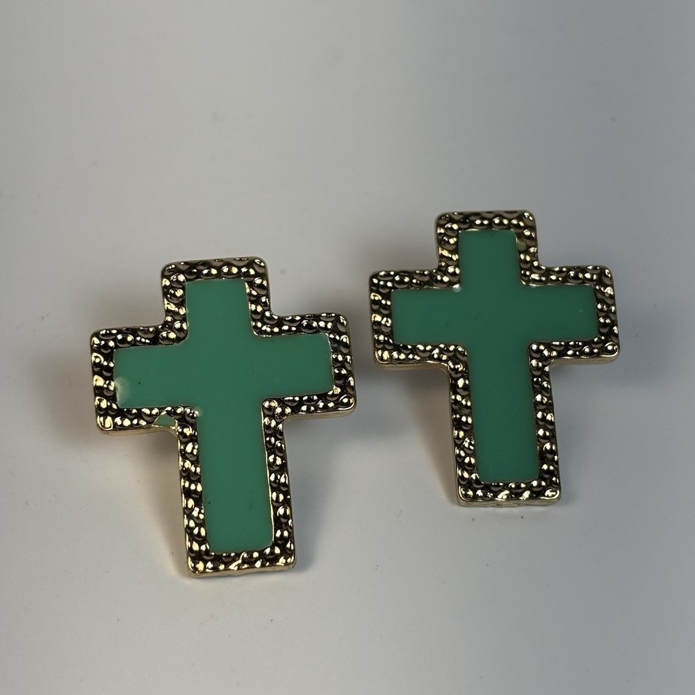 Cross‎ Earrings Religious Crucifix Green Enamel On Gold Tone Huge